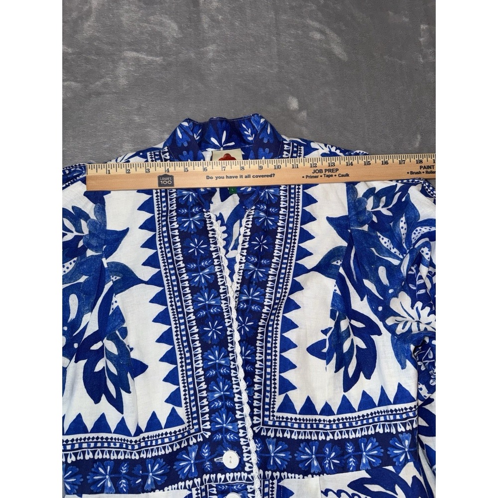 Farm Rio Flora Tapestry Blue White Linen-Blend Maxi Dress Size L Ballon Sleeve - Picture 15 of 16